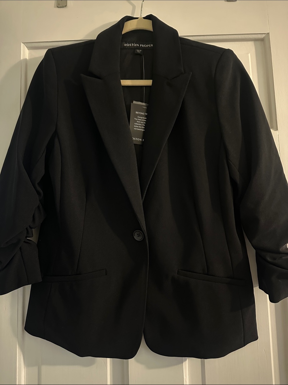 Boston Proper Black Ruched-Sleeve Single-Button Blazer